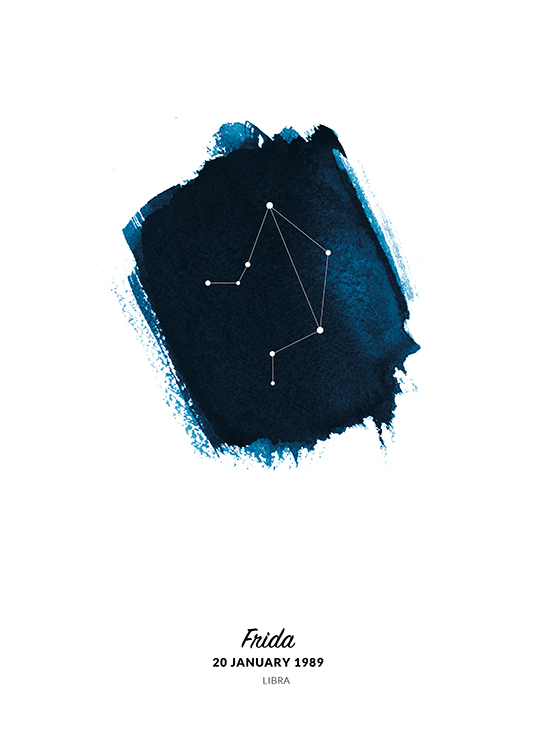  – Illustration av vågens stjärntecken i en cirkel målad i blå akvarell