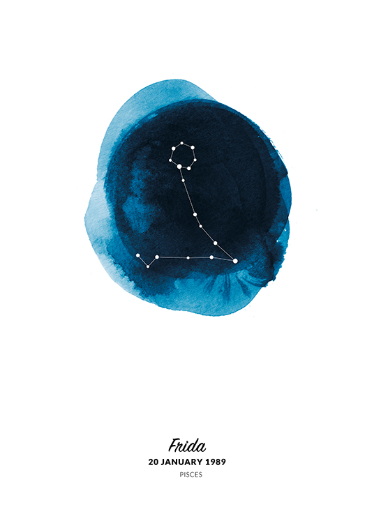  – Illustration av fiskarnas stjärntecken i en cirkel målad i blå akvarell