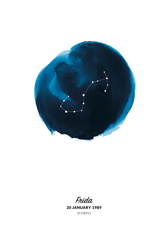  – Illustration av skorpionens stjärntecken i en cirkel målad i blå akvarell
