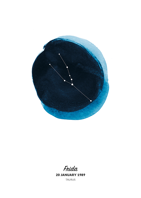  – Illustration av oxens stjärntecken i en cirkel målad i blå akvarell
