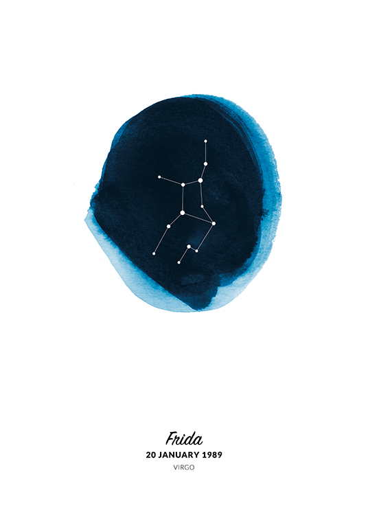  – Illustration av jungfruns stjärntecken i en cirkel målad i blå akvarell