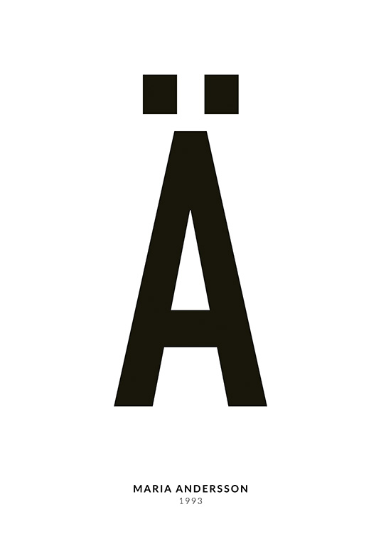 – En minimalistisk texttavla med bokstaven Ä och mindre text under på en vit bakgrund