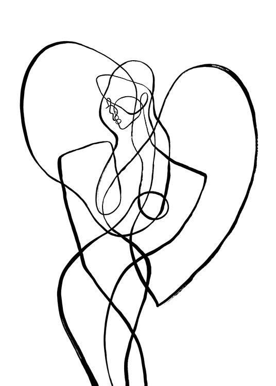  – Abstrakt line art-illustration av en kropp omgiven av ett hjärta, inspirerad av Jungfruns tecken