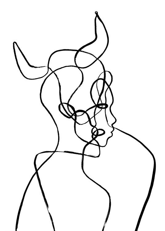  – Illustration med ett huvud med horn i line art, inspirerad av Oxens stjärntecken