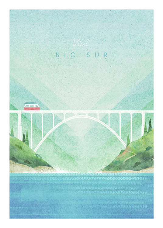  – Illustration av ett blått och grönt landskap med en vit bro