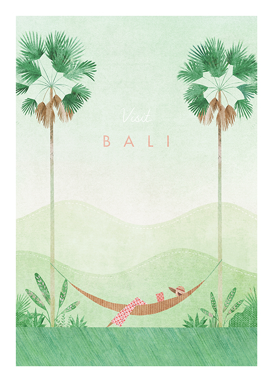  – Illustration av ett grönt landskap med palmer och en hängmatta mellan dem