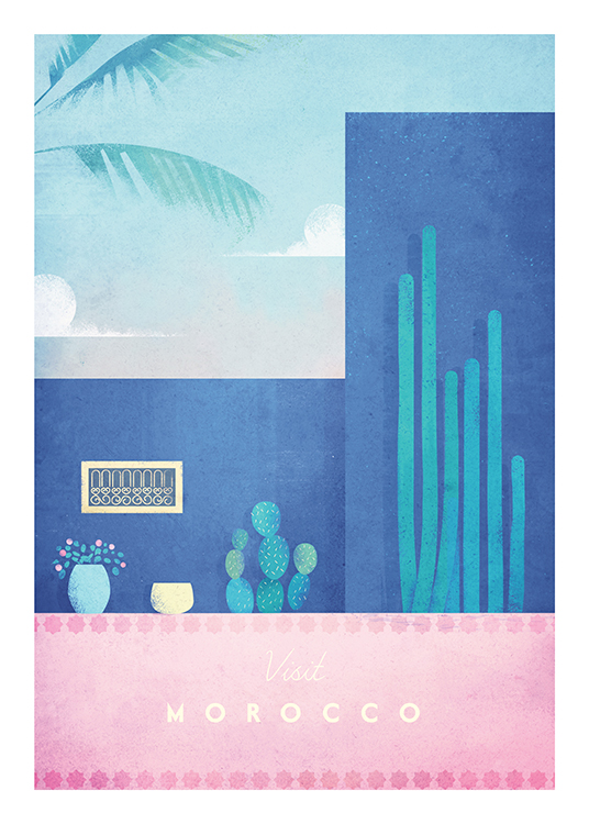  – Illustration av en rosa och blå byggnad med växter och kaktusar