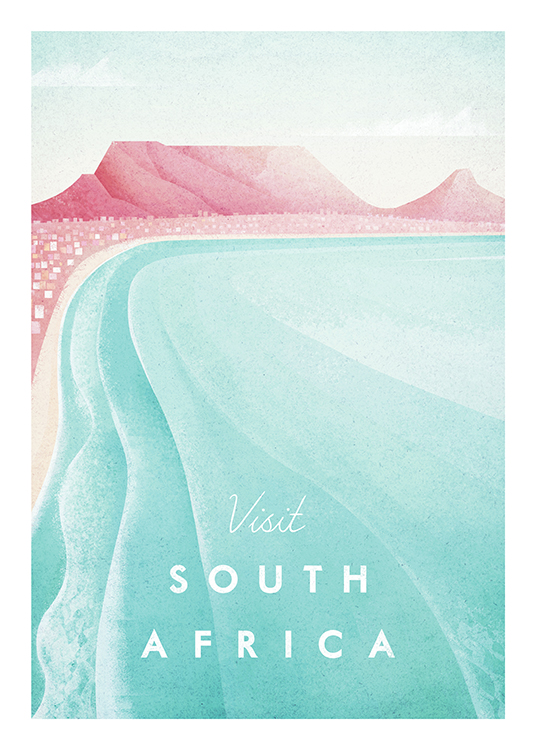  – Illustration av rosa berg och en rosa strand med ett blått hav i förgrunden