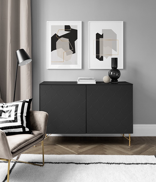 Stilrent grafiskt tavelpar i beige och gulddetaljer