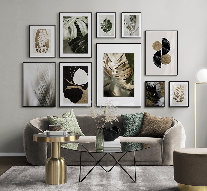 Botaniska posters med monsteror i guld och gront