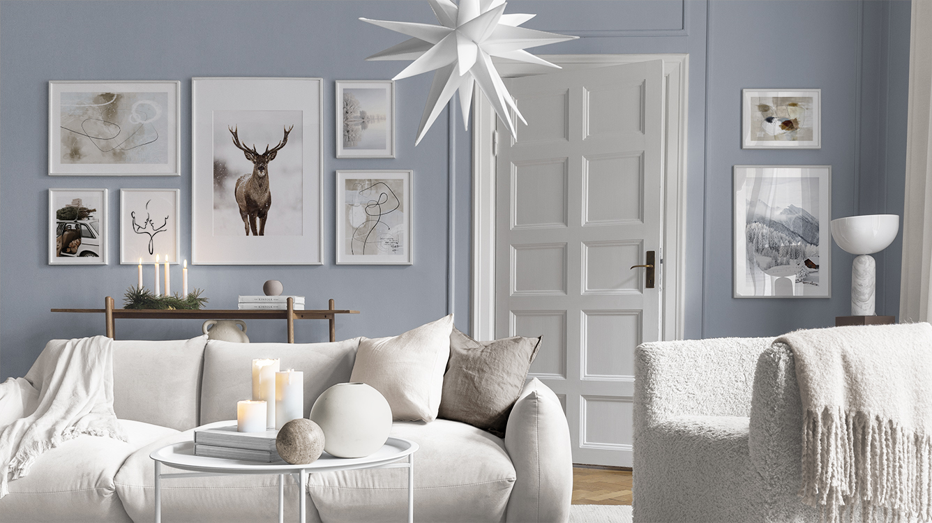 Fridfulla vinterposters och vinterillustrationer i lugna färger för vardagsrummet
